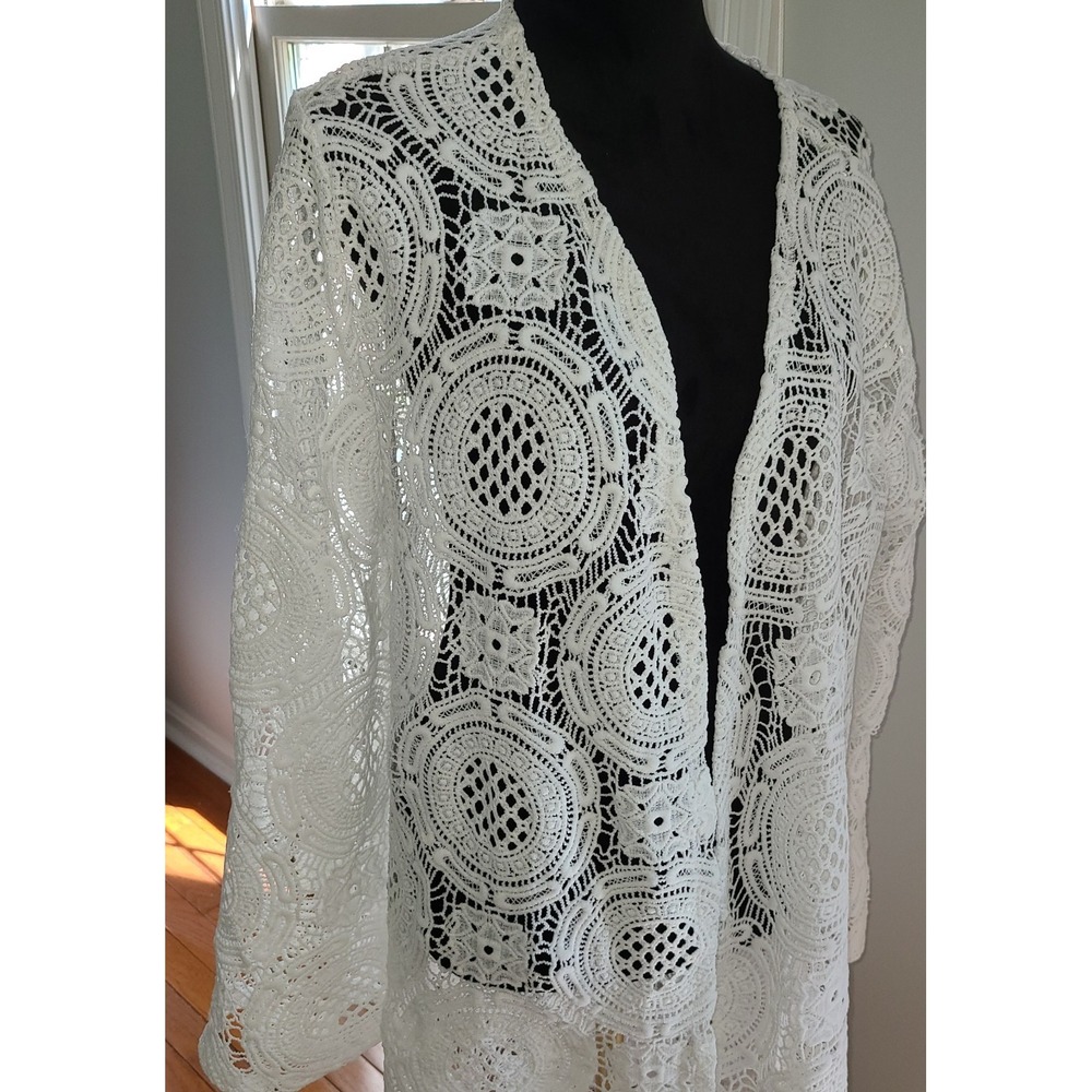 Retro Threads White Cardigan Sz XXL Fringe on Bottom Flare Sleeves BoHo Festival